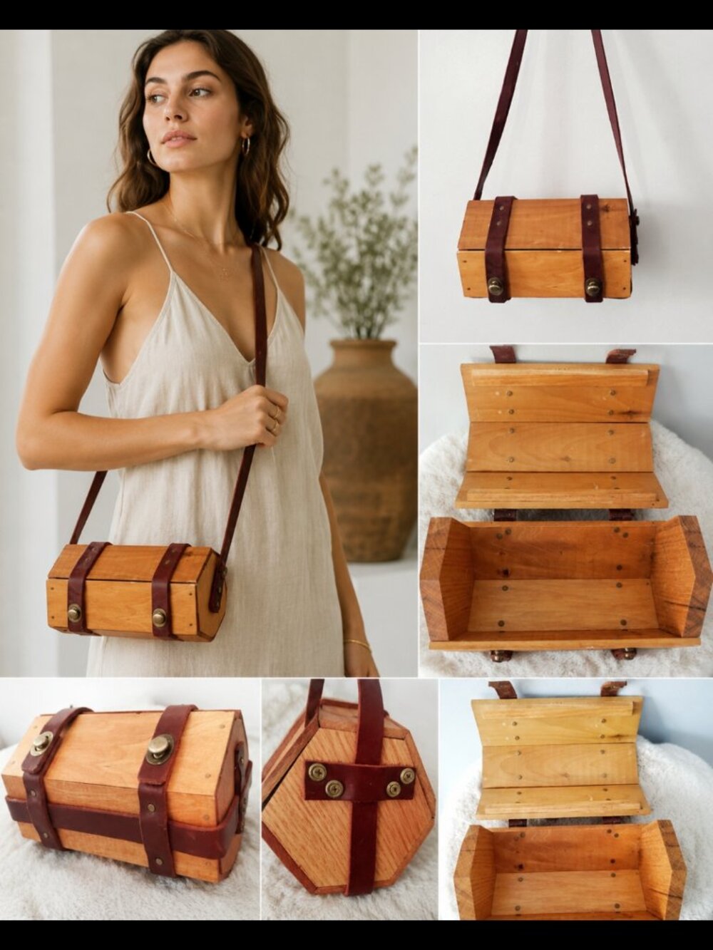 Vintage Handmade Wooden Box Purse Boho Artisan Leather Strap Bag Rustic Cottage - Picture 4 of 16